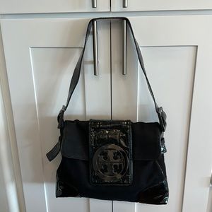 Tory Burch Black linen and patent leather bag.